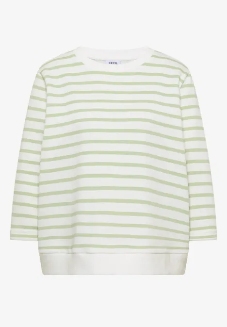 Weißes T-Shirt mit hellgrünen, horizontalen Streifen und 3/4-Ärmeln.